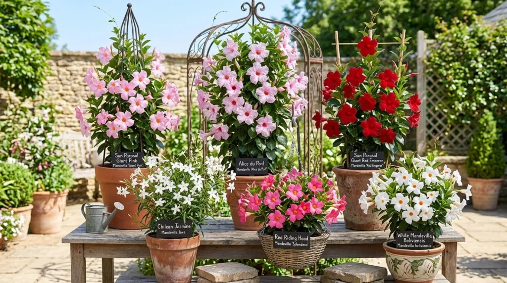 Six mandevilla varieties displayed together on sunny patio showing Sun Parasol Giant Pink Red Emperor Alice du Pont Chilean jasmine Red Riding Hood and White Boliviensis in containers obelisks hanging basket and arbor frame
