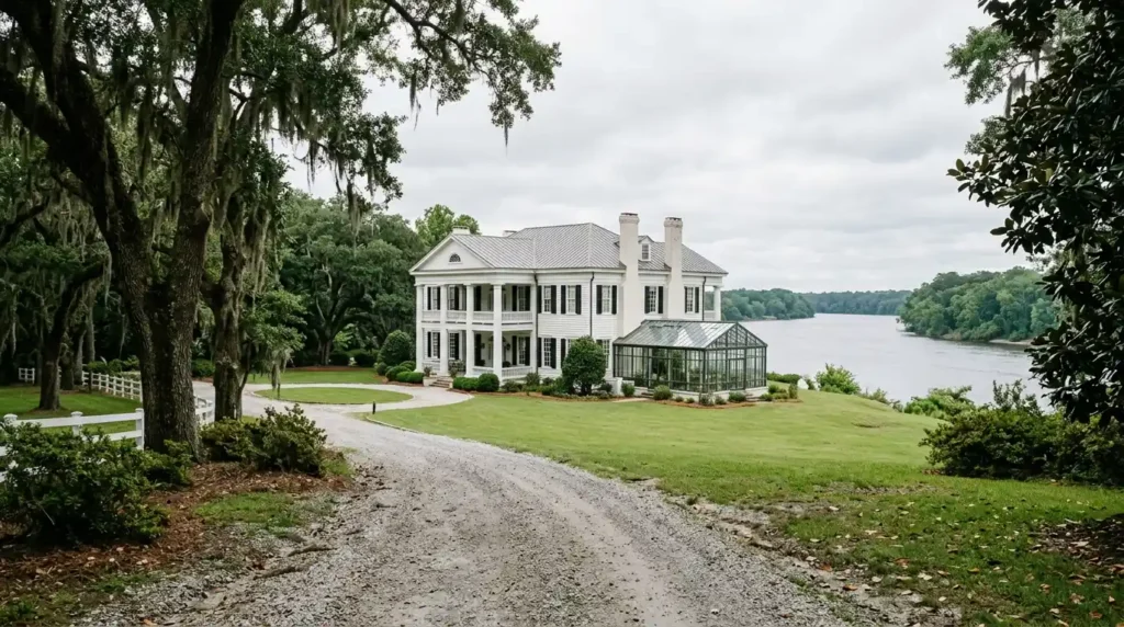 Grand white southern plantation house with classical pillars and solarium on riverbank used as nursing home in The Notebook house