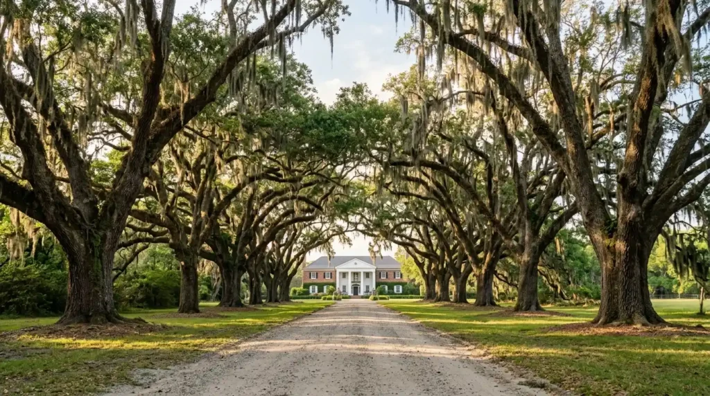 Boone Hall Plantation South Carolina showing iconic Avenue of Oaks live oak trees forming natural tunnel toward plantation house