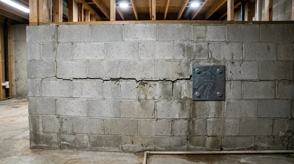 Bowing basement foundation wall with horizontal crack and steel wall anchor plate installed for repair