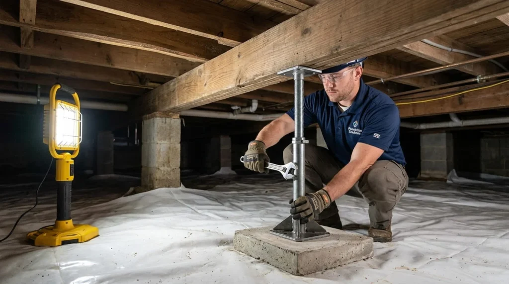 Foundation repair technician installing steel crawl space stabilizer jack under sagging floor joists with vapor barrier