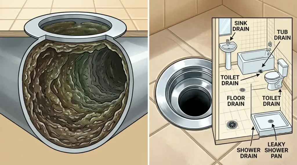 Split frame showing drain pipe interior cross section with thick gelatinous organic slime soap scum bacterial film and drain fly larvae on left and chrome bathroom drain from above with labeled breeding site diagram on right