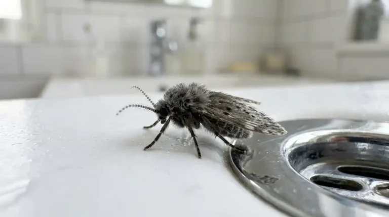 Close up macro photo of drain fly Clogmia albipunctata resting on white bathroom sink edge near chrome drain showing fuzzy gray body dense hair covered wings bead-like segmented antennae and roof-like wing position
