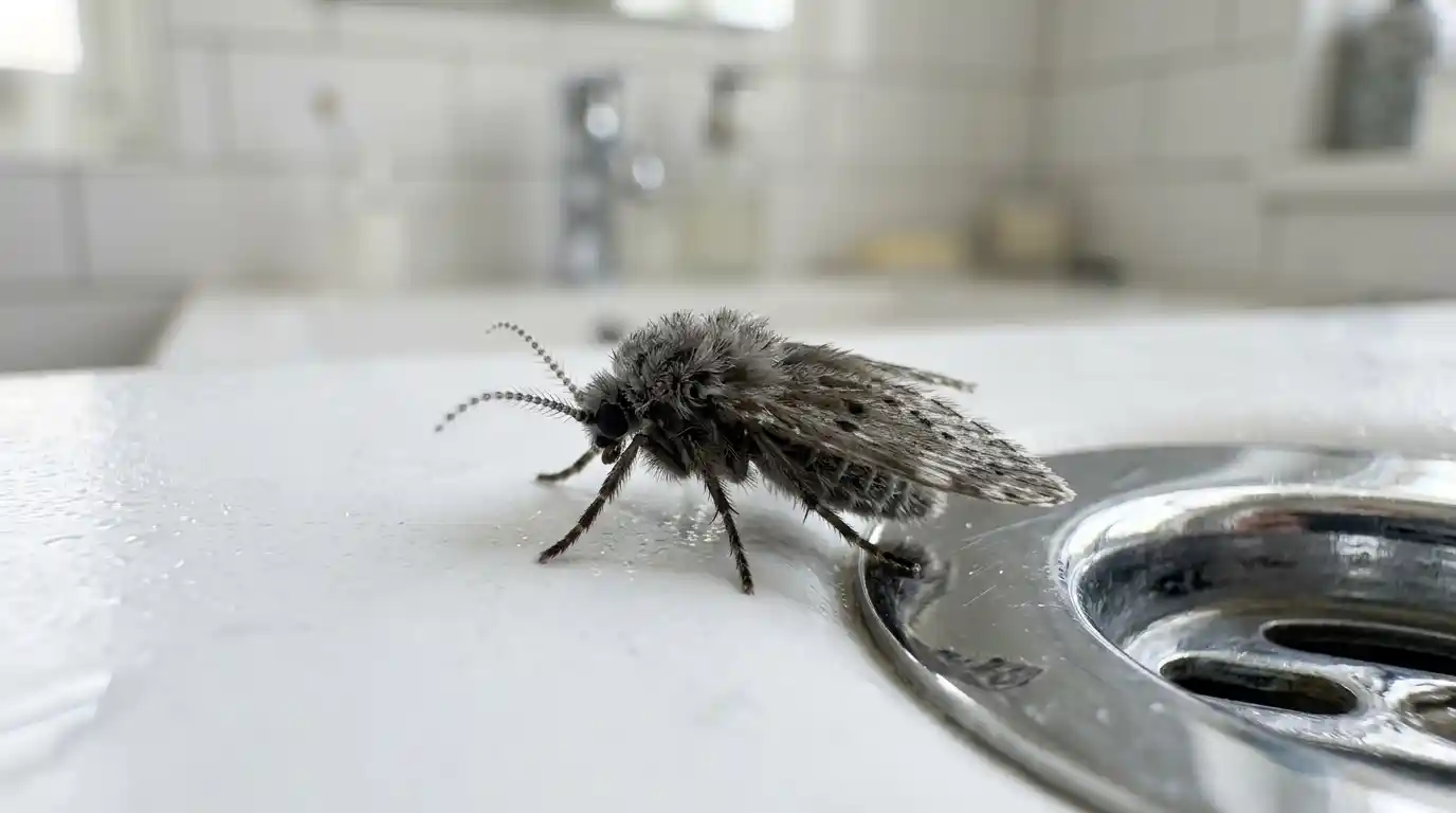 Close up macro photo of drain fly Clogmia albipunctata resting on white bathroom sink edge near chrome drain showing fuzzy gray body dense hair covered wings bead-like segmented antennae and roof-like wing position