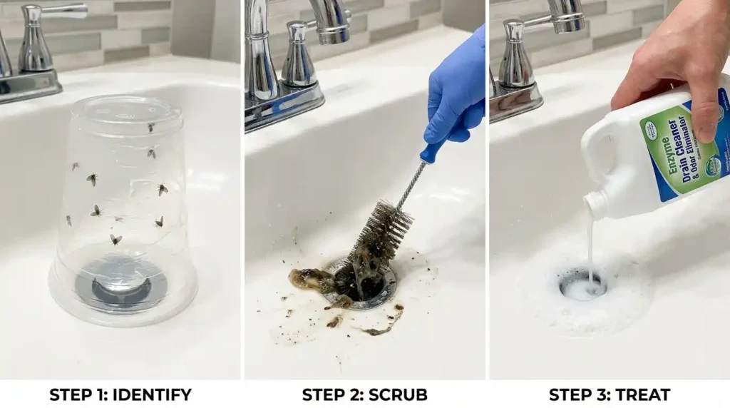 Three step drain fly elimination triptych showing petroleum jelly cup trap identifying active drain infestation on left gloved hand using stiff long handled brush scrubbing gelatinous slime from drain pipe in center and enzyme cleaner poured into drain producing foam coating pipe walls on right