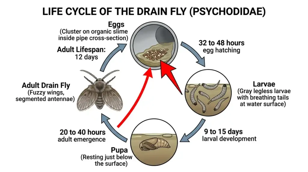 Educational circular life cycle diagram of drain fly showing egg cluster larva with breathing tube pupa and adult with timing labels 32 to 48 hours egg hatching 9 to 15 days larval development 20 to 40 hours adult emergence and 12 days adult lifespan with red arrow at breeding substrate intervention point