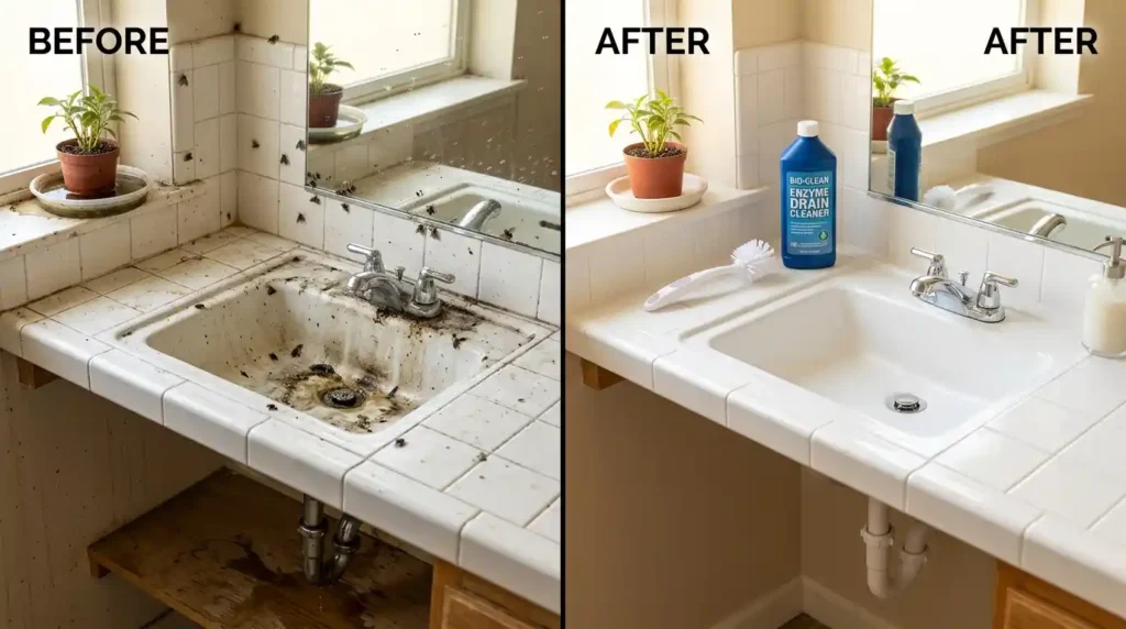 Before and after split frame bathroom showing drain fly infestation with organic residue around drain standing water in flower pot saucer dripping pipe and flies on walls on left versus fully resolved clean bathroom with repaired pipe empty saucer enzyme cleaner and drain brush for monthly maintenance and zero flies on right