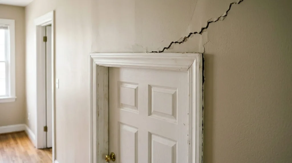 Stair step diagonal crack pattern in brick veneer above residential door frame signaling foundation settlement