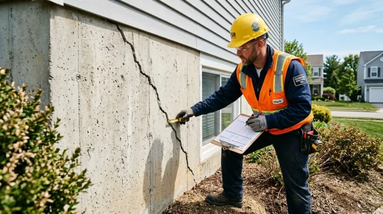 House Foundation repair technician inspecting diagonal crack on exterior concrete foundation wall of residential home