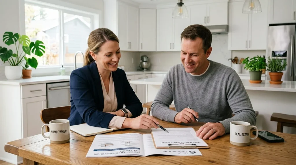 Real estate agent and homeowner reviewing foundation repair report and transferable warranty document at kitchen table