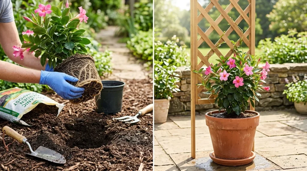 Split frame planting guide showing gloved hands loosening potbound mandevilla roots over compost amended planting hole on left and installed mandevilla in terracotta container beside wooden trellis on right in morning sunlight
