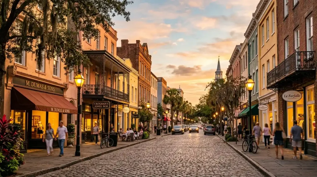 Historic King Street downtown Charleston South Carolina at golden hour showing charming storefronts gas lamps and antebellum architecture