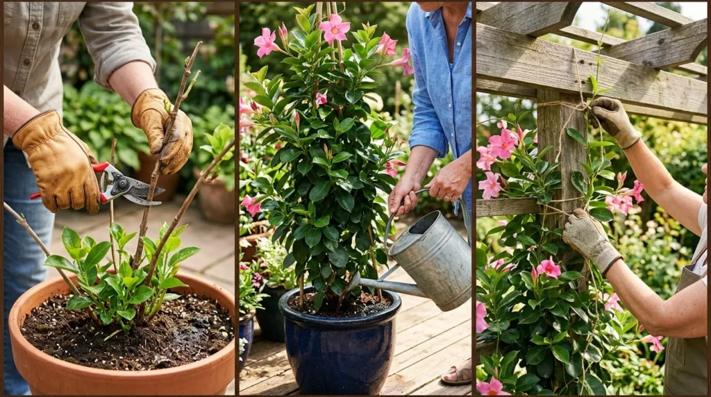 Triptych of mandevilla seasonal care showing pruning stems by one third in early spring liquid phosphorus fertilizer applied to root zone and vining branches tied to pergola with garden twine in natural daylight