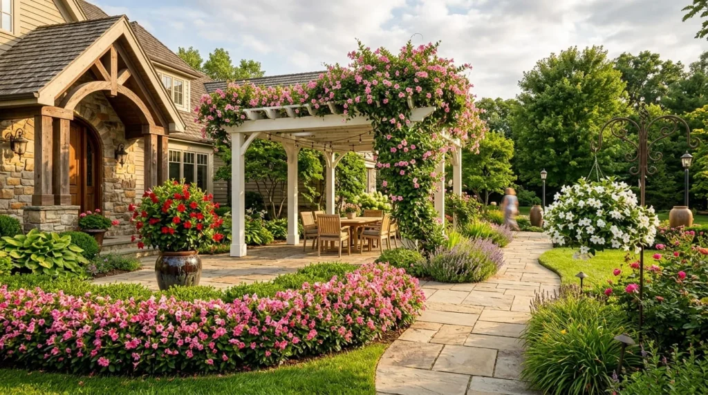 Wide angle landscape garden showing mandevilla in four design applications including vining pink mandevilla covering white pergola red mandevilla at stone entryway white mandevilla in hanging basket and shrubby pink mass planting along curved border in golden afternoon light