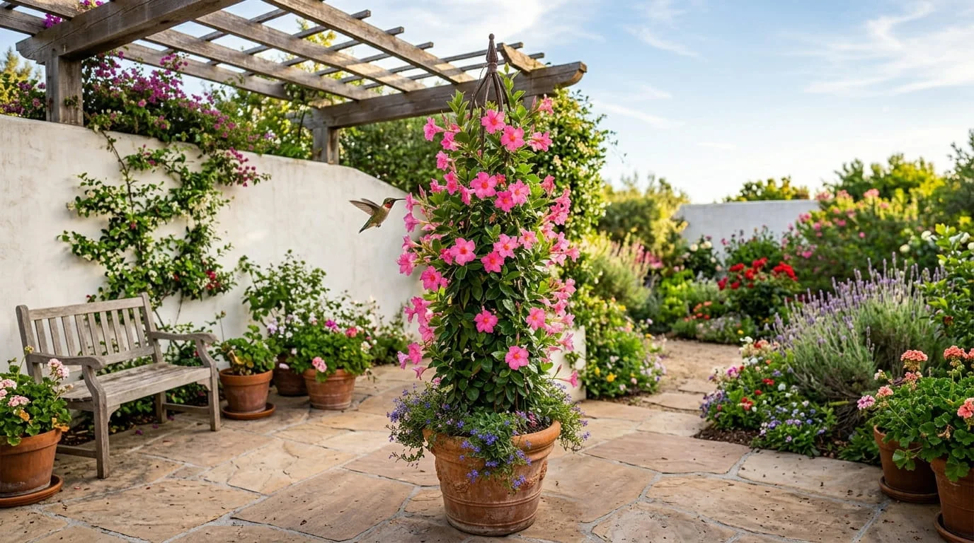 Lush mandevilla vine in full bloom with large trumpet-shaped bright pink flowers climbing iron obelisk on sun-drenched patio with terracotta container hummingbird and white garden wall background