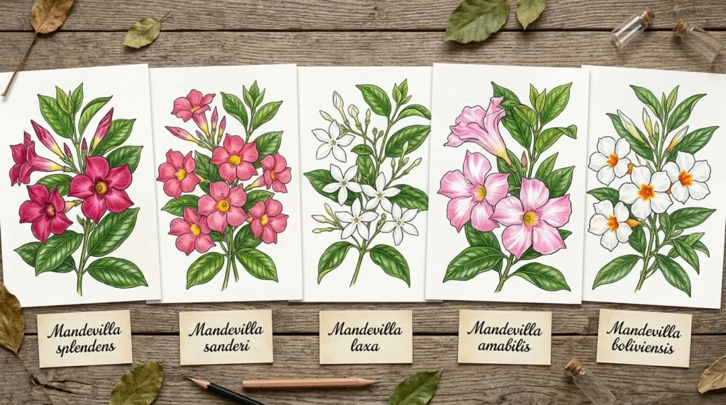 Botanical flat lay of five mandevilla species showing M splendens M sanderi M laxa M amabilis and M boliviensis with labeled botanical name cards glossy leaves on natural wood surface