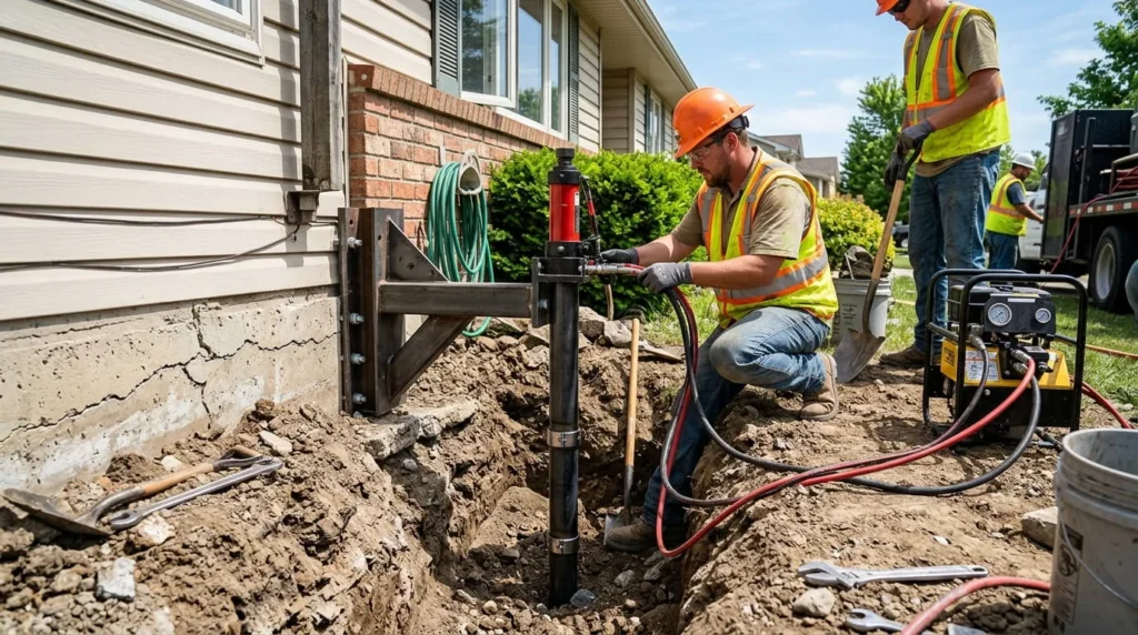 Foundation repair crew installing steel push pier alongside residential concrete foundation footing during excavation