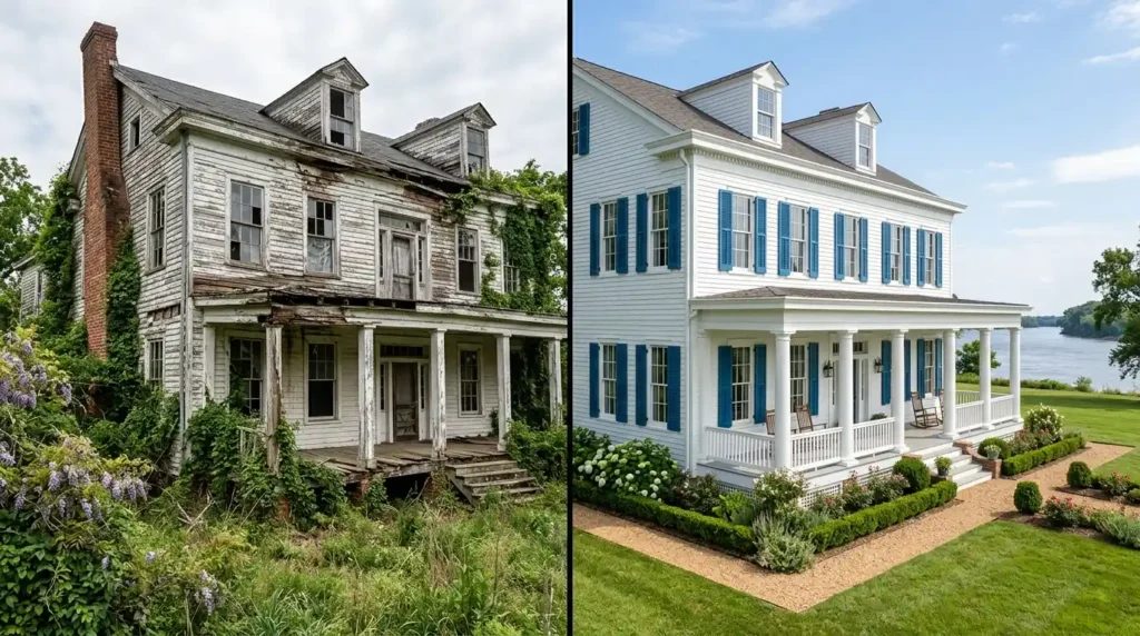 Before and after split showing deteriorating antebellum plantation house transformed with white paint blue shutters and restored porch