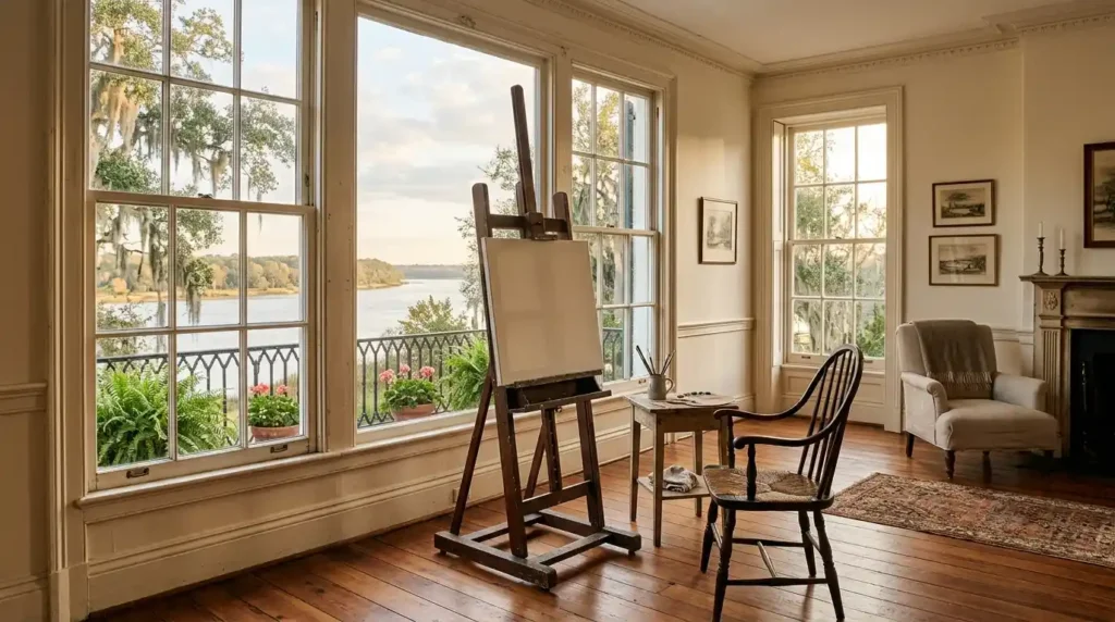 Bright upstairs painting room in southern plantation house with wooden easel canvas and large windows overlooking river