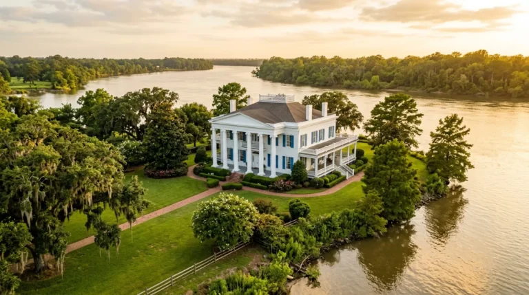 White antebellum plantation house with blue shutters on river point surrounded by lush green trees in South Carolina