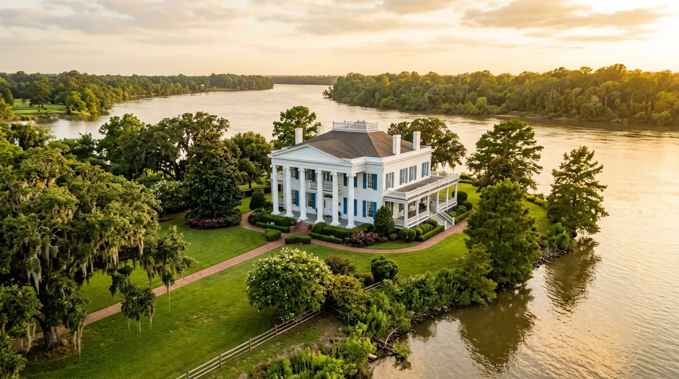 White antebellum plantation house with blue shutters on river point surrounded by lush green trees in South Carolina
