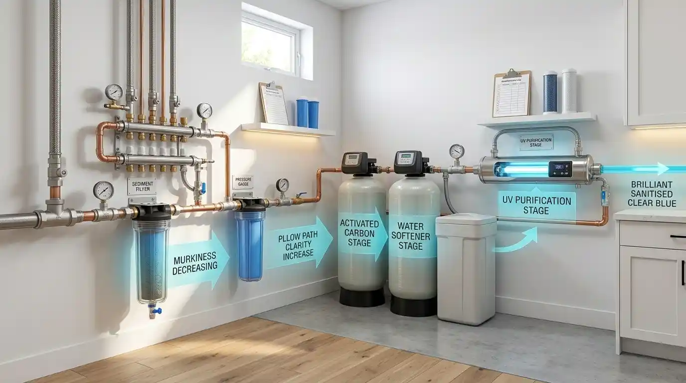 Whole house water filtration system installed on a home's main water supply for clean water throughout the house.