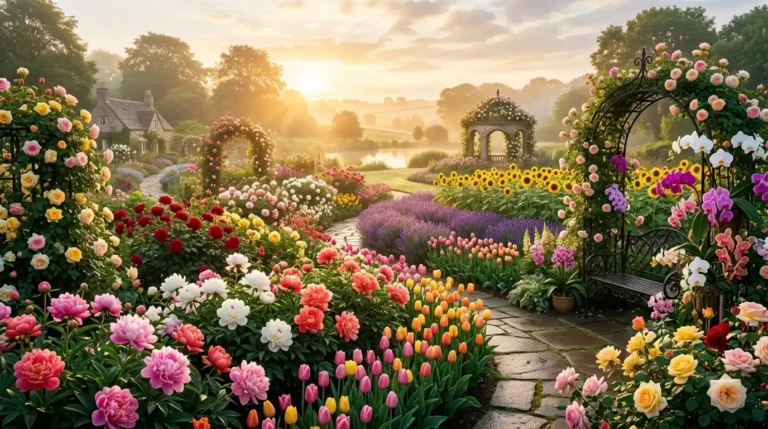 Beautiful flowers including roses, peonies, orchids, and tulips blooming in a colorful botanical garden.