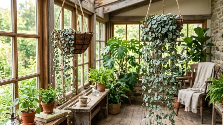 Ceropegia Rosary Vine growing in a hanging basket with trailing heart-shaped leaves