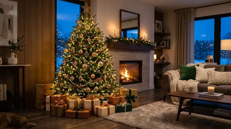 Beautiful Christmas tree decorated in a modern living room for the holiday season