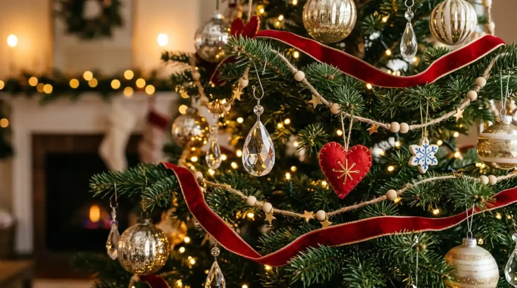 Layered Christmas tree ornaments and holiday decorations