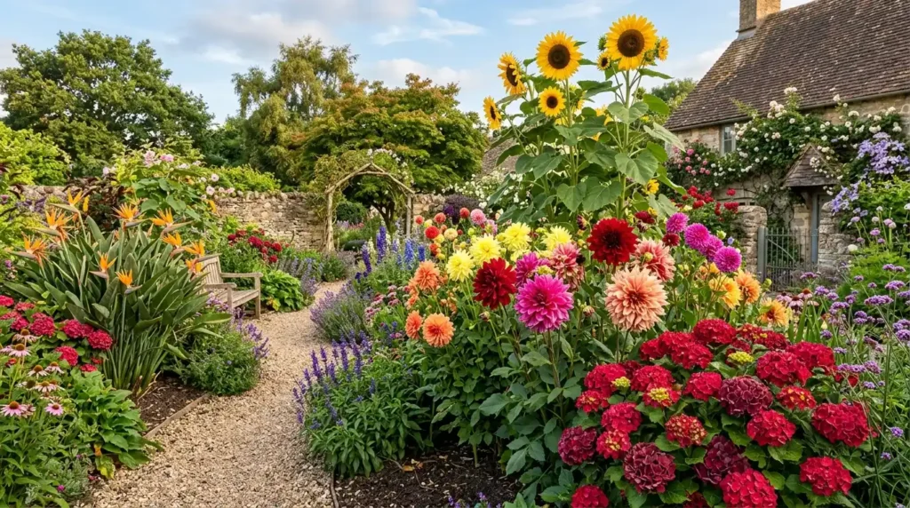 Colorful dahlias, hydrangeas, sunflowers, and bird of paradise flowers creating a visually striking garden display.