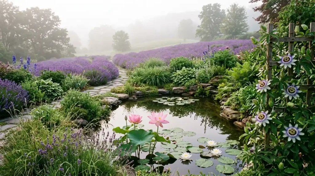 Lavender, lotus, lilies, and passion flowers representing spirituality, symbolism, and historical significance.