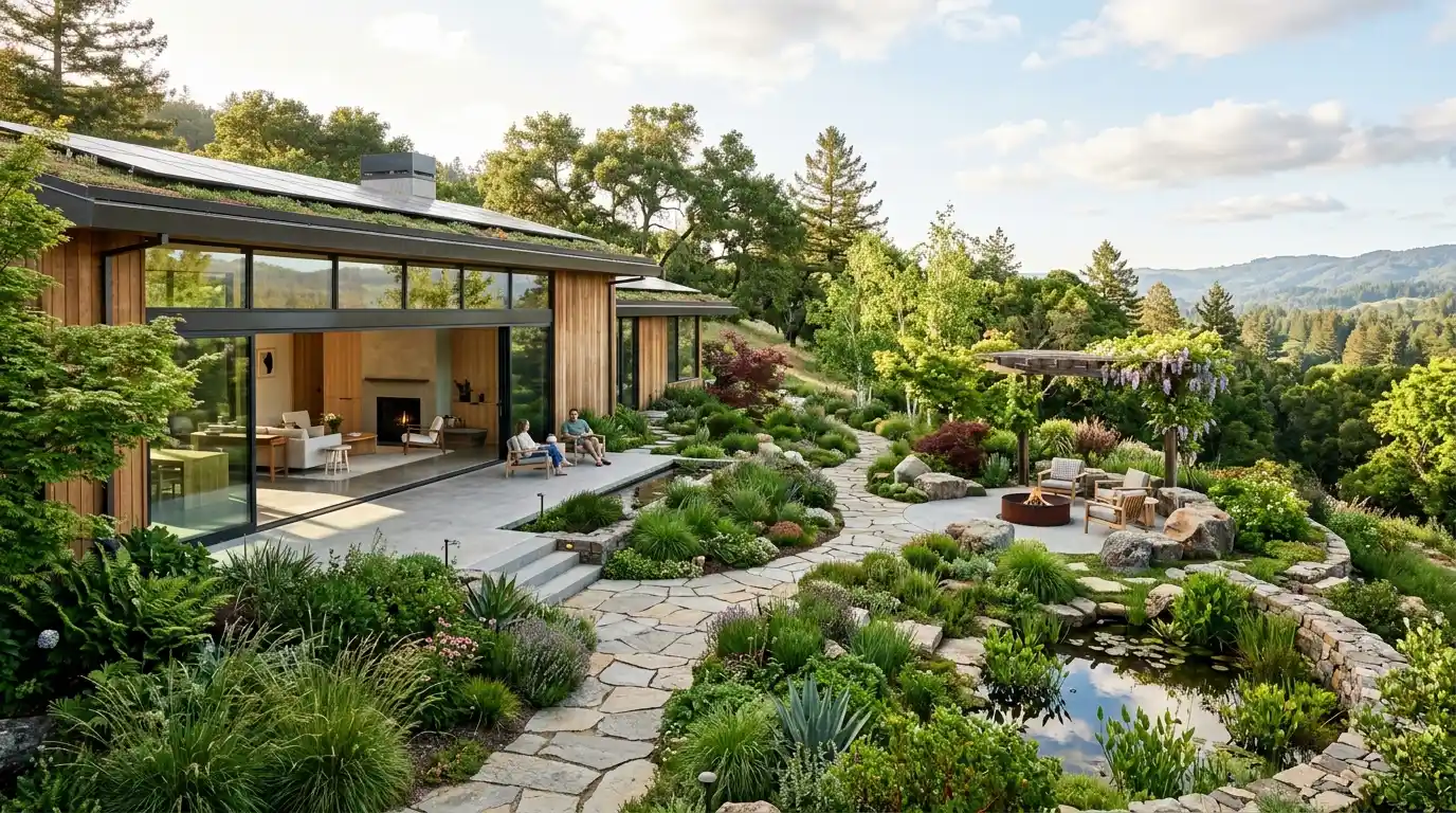 Modern landscape architecture blending indoor-outdoor living with natural terrain, sustainable garden, and layered planting design.
