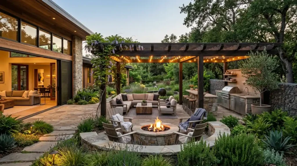 Outdoor living room design with pergola, fire pit, and seamless indoor-outdoor stone flooring integration.