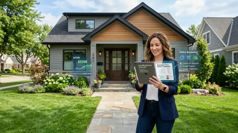 Homeowner reviewing a cash home offer and home improvement plans outside a renovated suburban house.