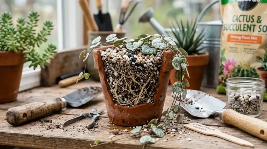Rosary Vine planted in well-draining succulent soil to prevent root rot